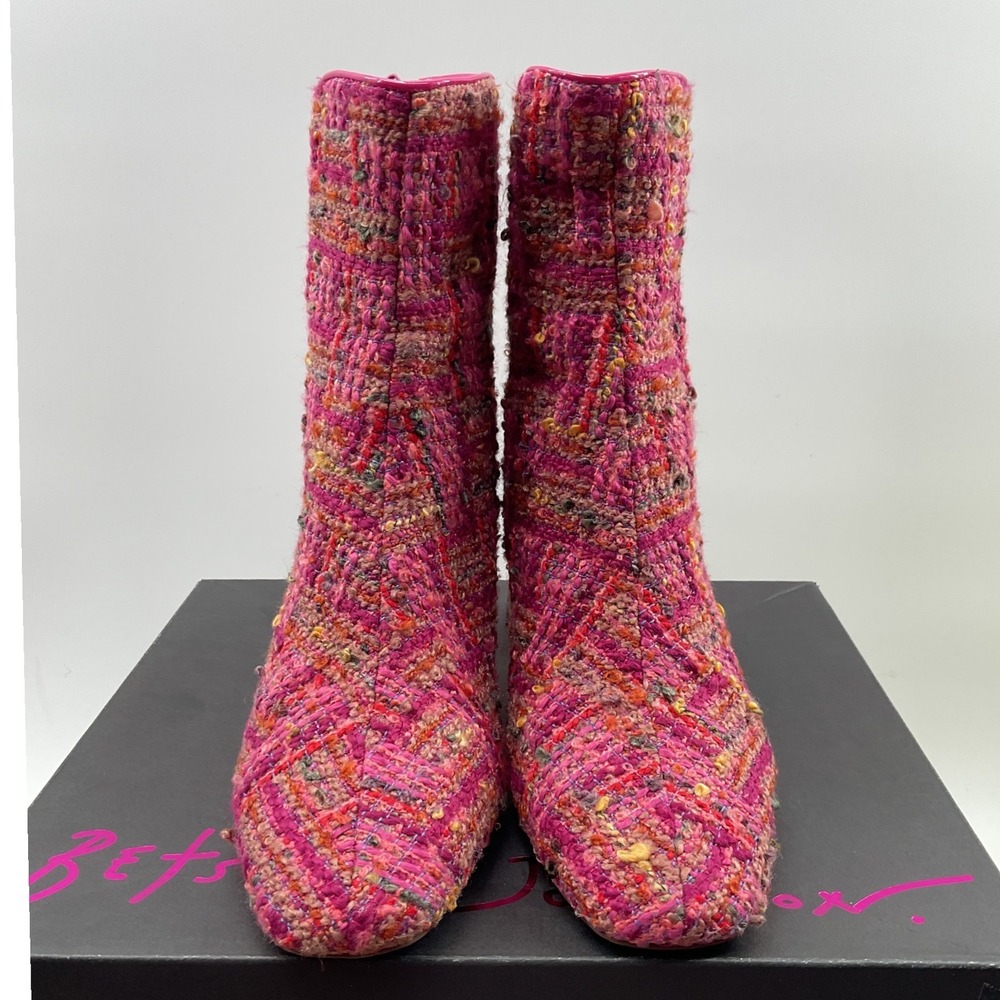 Betsey Johnson Stevie Pink Multi Tweed Ankle Boots Gold Block Heel STEV02S5 9M